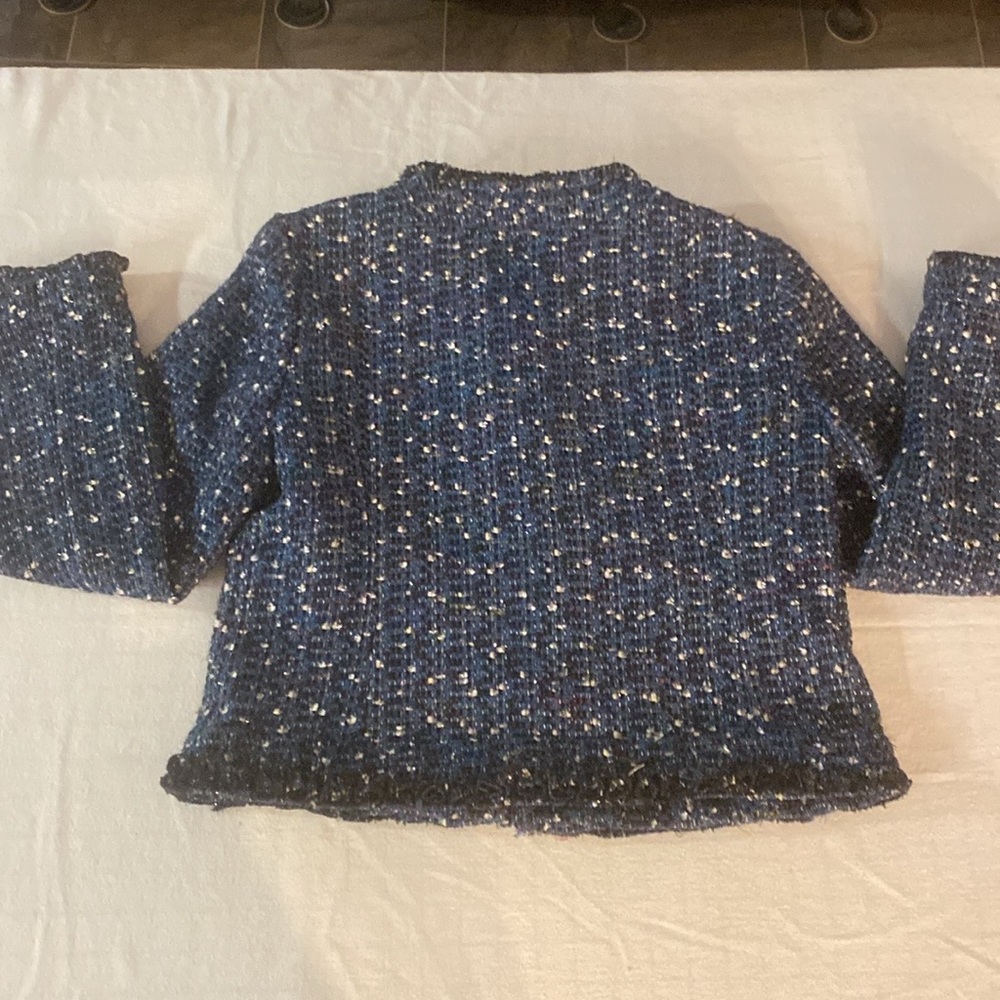 TORY BURCH Tweed Blue Teal w/white Ruffle Trim Jacket Size 10 Fully Lined +NICE!